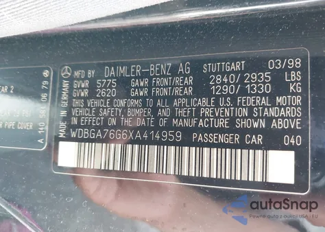 1999 Mercedes-Benz Cl 600 из США, поврежденный, VIN WDBGA76G6XA414959